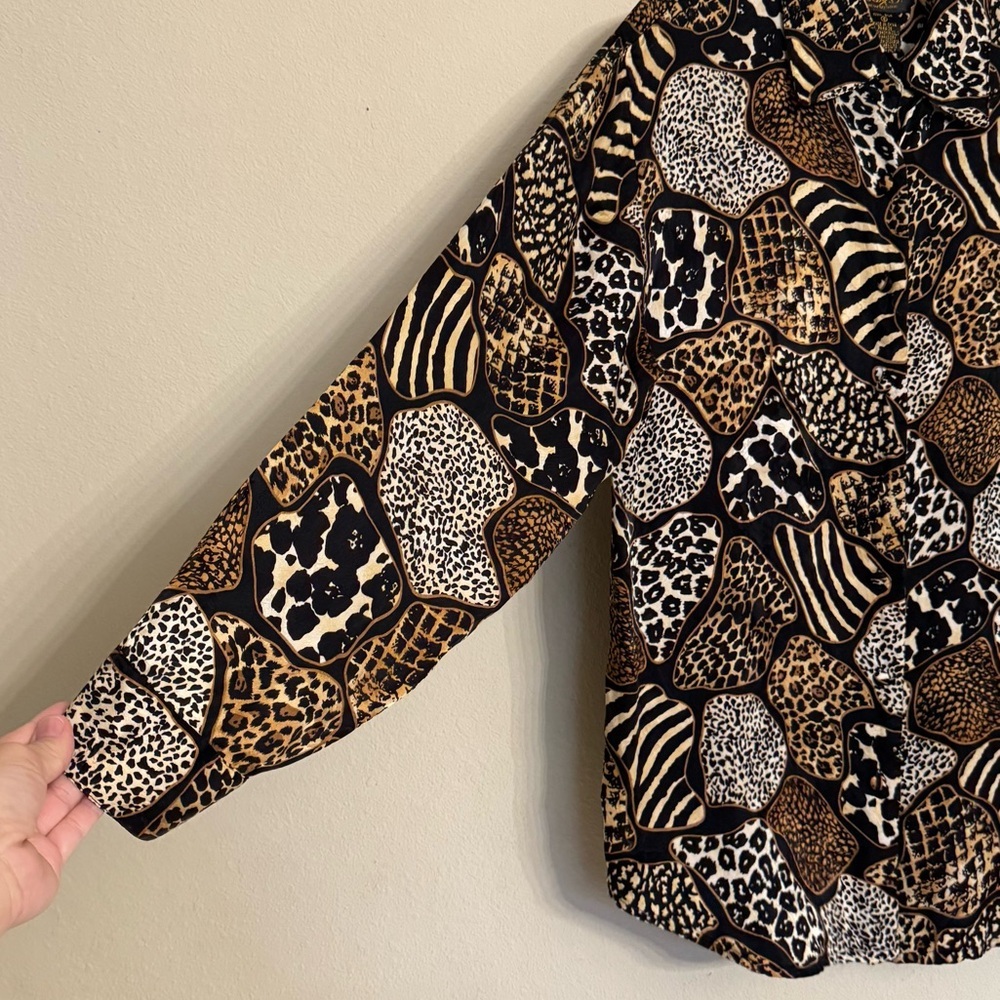 Vintage Silk Blouse Size S by COREY B New York Long Sleeve Button Animal Print